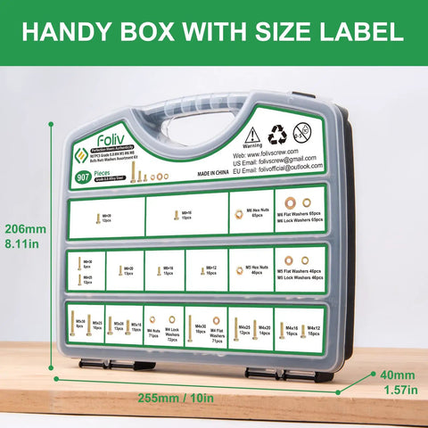 Grade 8.8 Metric Bolt And Nut Kit With M4 M5 M6 M8 Bolts Yellow Zinc Plated Lengths 12-30mm 907pc box with labels and measurements