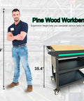 Heavy-Duty Rolling Utility Cart With Wooden Top, 3-Tier Mobile Workshop Table On Sturdy Casters, Boss-Grade Tool Organizer Cabinet For Garage, Shop Or Warehouse, 330Lb Load Capacity shown with dimensions, man standing beside for scale