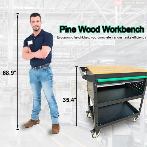 Heavy-Duty Rolling Utility Cart With Wooden Top, 3-Tier Mobile Workshop Table On Sturdy Casters, Boss-Grade Tool Organizer Cabinet For Garage, Shop Or Warehouse, 330Lb Load Capacity shown with dimensions, man standing beside for scale