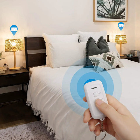Person using Plug And Play Wireless Remote Outlet Switch With 100ft RF Range No Wiring No Fuss Setup Easy To Use For Hard To Reach Sockets