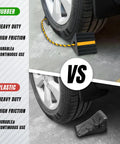 Tough Rubber Wheel Chocks For RVs Trailers Campers Trucks Cars Aircraft And Boats With Reflective Strips next to vehicle tires