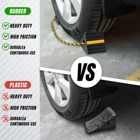 Tough Rubber Wheel Chocks For RVs Trailers Campers Trucks Cars Aircraft And Boats With Reflective Strips next to vehicle tires