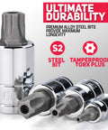 Tamperproof Torx Plus Bit Socket Set 12 Piece With 8 IPR To 60 IPR 5 Point Star Bits Cr-V And S2 Steel close-up view