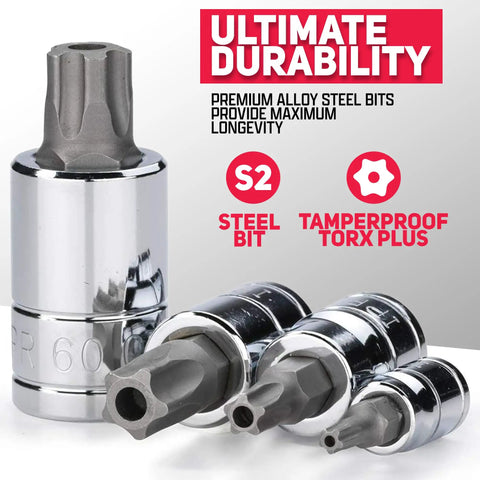 Tamperproof Torx Plus Bit Socket Set 12 Piece With 8 IPR To 60 IPR 5 Point Star Bits Cr-V And S2 Steel close-up view