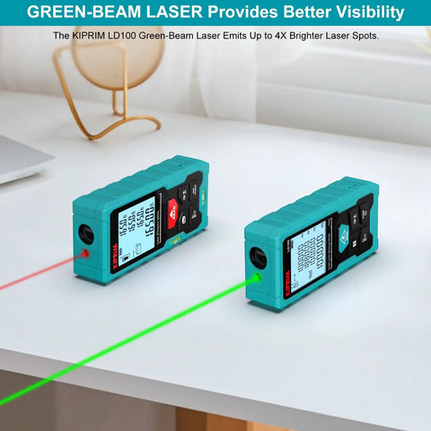Green Laser Distance Meter With 328 Feet Range, USB Type C Rechargeable Battery, Ultra Accurate To One Sixteenth Inch, Electronic Level, Ten Measurement Modes, Class II Laser, Reflector Plate LD100 on desk with green beam