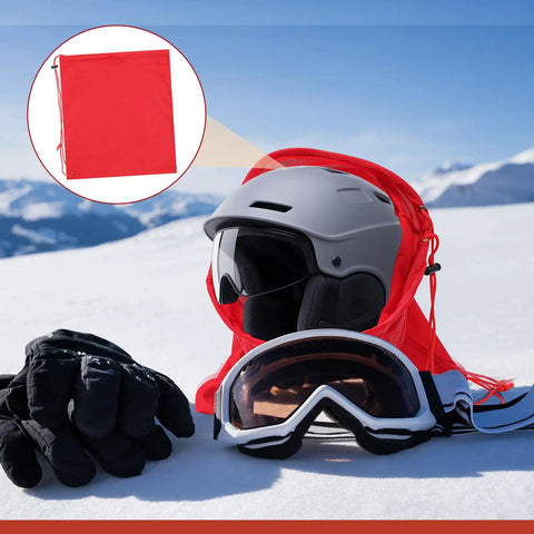 Red bag for 4 Pack Welding Helmet Bags With Drawstring Locking, Lightweight Microfiber Helmet Storage for gear in snowy mountains.