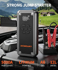W160 Jump Starter With Air Compressor 5000A Portable Car Jump Pack shown with cables attached to car engine