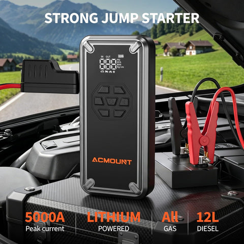 W160 Jump Starter With Air Compressor 5000A Portable Car Jump Pack shown with cables attached to car engine