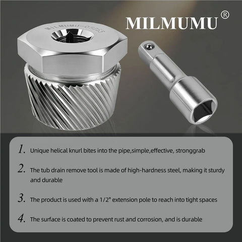 Heavy Duty Tub Drain Extractor Kicks Out Stubborn Bathroom Clogs Fast Fits 1.52 To 1.70 Inches with steel structure and knurl grip.