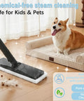 Get Rid Of Grime Fast With This Heavy Duty 1800W Steam Mop And Multipurpose Cleaner on hardwood floor with a dog.