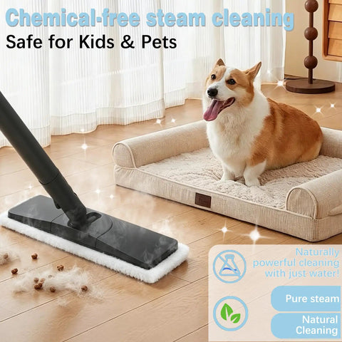 Get Rid Of Grime Fast With This Heavy Duty 1800W Steam Mop And Multipurpose Cleaner on hardwood floor with a dog.