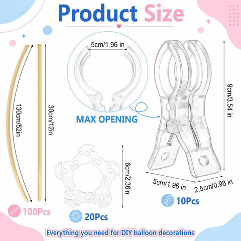 Super Cool Balloon Arch Clips Kit With Transparent Strip And Ring Clips For Epic Party Garland Decor That Looks Clean And Saves You Big Bucks On Fiestas., product size chart showing 30cm strip, 5cm ring clips, and 9cm clear clips