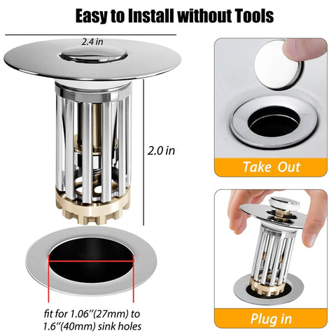 Killer Two Pack Bathroom Sink Drain Strainer Featuring Detachable Brass Hair Catcher Basket Dual Layer Pop Up Stopper Universal Fit For 1.06 To 1.6 Inch Drains Rock Solid Chrome Finish