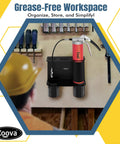 Grease Gun Holder For Shop And Garage Wall Mount With Removable Drip Cup And Spare Cartridge Holder For Trucks And Tractors USA Made Keeps Messes Contained And Tools Within Easy Reach displayed in workshop setting.