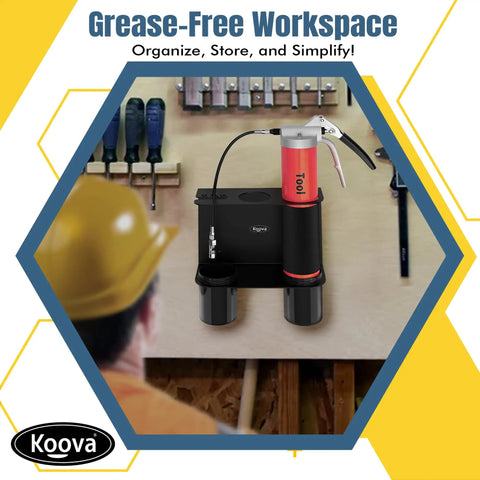 Grease Gun Holder For Shop And Garage Wall Mount With Removable Drip Cup And Spare Cartridge Holder For Trucks And Tractors USA Made Keeps Messes Contained And Tools Within Easy Reach displayed in workshop setting.