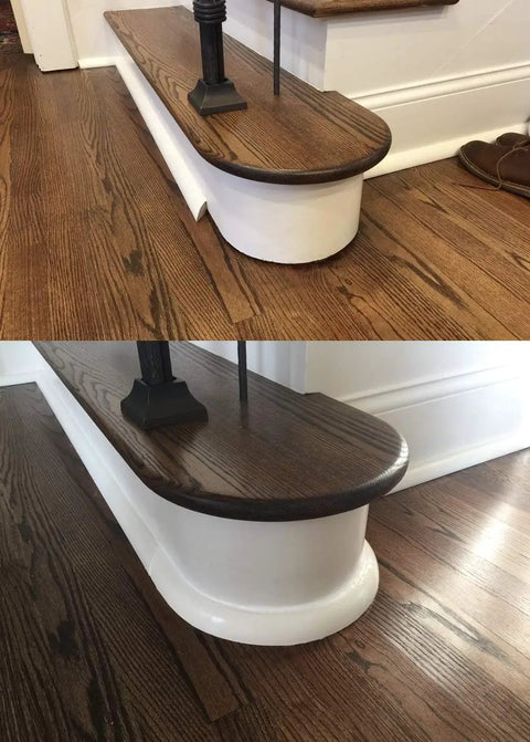 Flexible Quarter Round Molding 3/4 By 3/4 Inch, 8 Feet Long, Light Oak Grain Finish installed on staircase base
