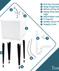 Space Saving Utility Sink With Pull-Out Chrome Faucet And Built-In Soap Dispenser, white tub, drain kit, and steel legs overview