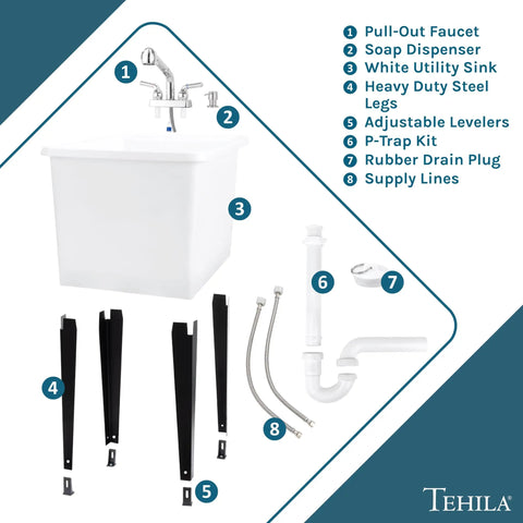 Space Saving Utility Sink With Pull-Out Chrome Faucet And Built-In Soap Dispenser, white tub, drain kit, and steel legs overview