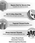 Square end, GCr15 alloy steel die, tapered thread profile, and sharp internal threads of Beefy Pro Grade Pipe Thread Tap And Die Set For One Eighth To One Inch NPT Threads With Taper Taps And Hex Dies, GCr15 Alloy Steel Tool Kit With Durable Storage Case For Thread Repair And Cutting displayed.