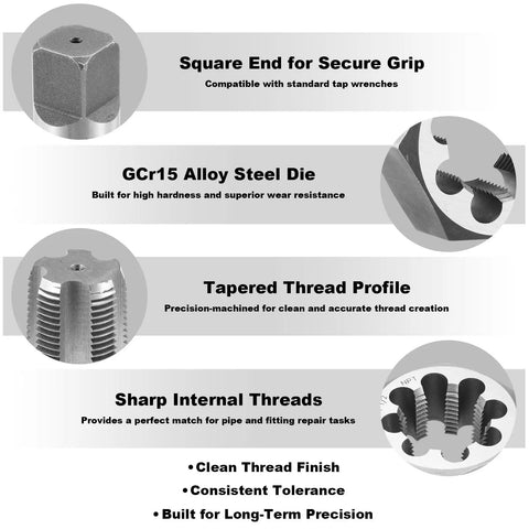 Square end, GCr15 alloy steel die, tapered thread profile, and sharp internal threads of Beefy Pro Grade Pipe Thread Tap And Die Set For One Eighth To One Inch NPT Threads With Taper Taps And Hex Dies, GCr15 Alloy Steel Tool Kit With Durable Storage Case For Thread Repair And Cutting displayed.