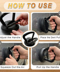 Instructions on using Dent Puller Kit 3 Pack With One Large Black Suction Cup And Two Small Orange Cups for car dent repair.