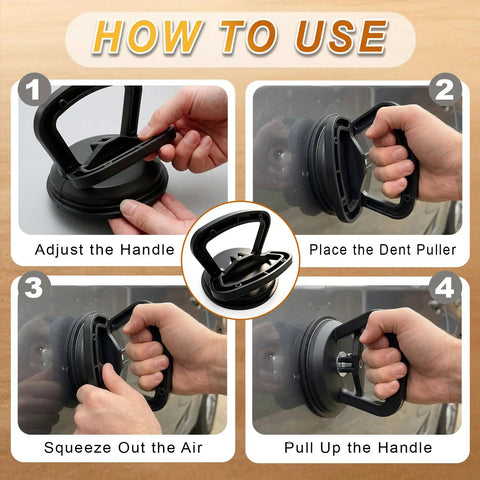 Instructions on using Dent Puller Kit 3 Pack With One Large Black Suction Cup And Two Small Orange Cups for car dent repair.