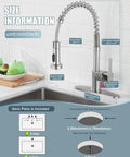 All In One Kitchen Faucet With Soap Dispenser And Pull Down Sprayer Dual Function Spray Head With Deck Plate Nickel Brushed Finish shown in kitchen setup with size measurements displayed.