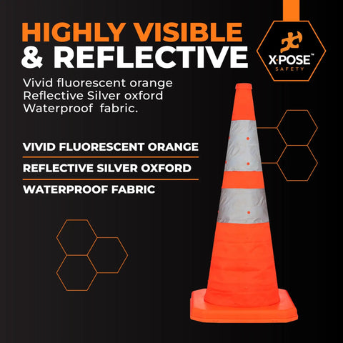 Highly visible reflective orange cone from Collapsible 28 Inch Orange Traffic Cone Set For Parking Lot Roadside Emergency Construction.