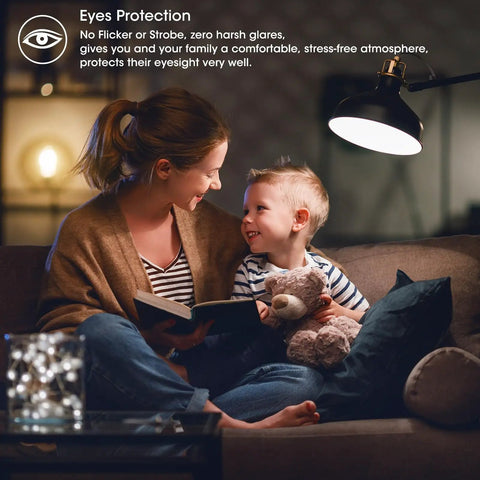 Woman reading to child under a lamp showcasing stress-free atmosphere for eye protection, highlighting cozy and safe lighting.
