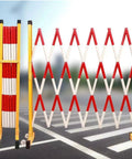 Industrial Retractable Safety Barricade Mobile Traffic Scissor Gate With High Visibility Strips; expanded red and white barrier.