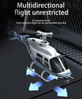 C138 Remote Control Helicopter With Bell206 Style on a black background, showing multidirectional flight arrows and detailed design.
