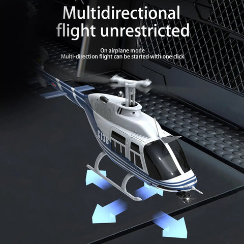 C138 Bell206 RC Helicopter 4CH 2.4GHz in flight mode with multidirectional arrows on sleek surface