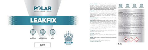 Clear Leak Fix Sealant With Reinforced Fibers One Coat Waterproof Sealant label showing application icons and instructions.