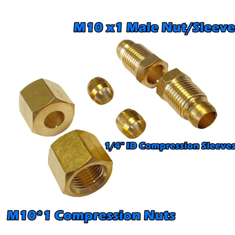 MCAMPAS pilot tube assembly kit; brass compression fittings with M10x1 nuts and 1/4 in ID sleeves, long threaded tube