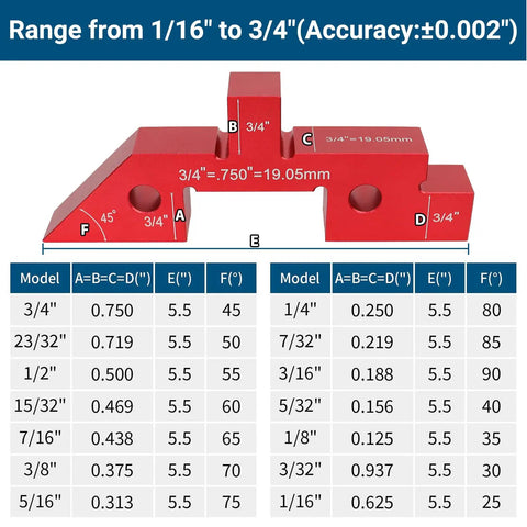 14-Piece Aluminum Alloy Table Setup Blocks For Woodworking showing red block with measurements and accuracy chart