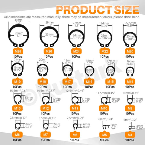 All in One 4 in 1 Snap Ring Pliers Set With E Clip And C Clip Retaining Rings Kit 312 Piece size illustration chart