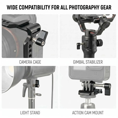Heavy Duty L Handle Thumb Screw Kit 6 Pack M5 And M6 Camera Screws on camera cage, gimbal stabilizer, light stand, and action cam mount.