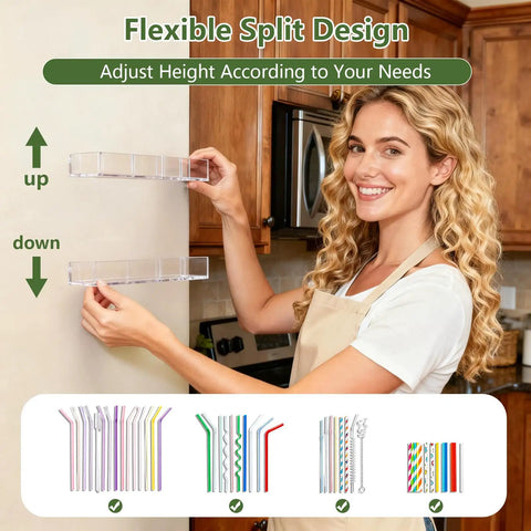 Premium Acrylic Straw Holder For Cabinet Door Split Design Hella Spacious Tumbler Organizer With Adjustable Height and Ultra Sticky Backing, woman adjusting height.