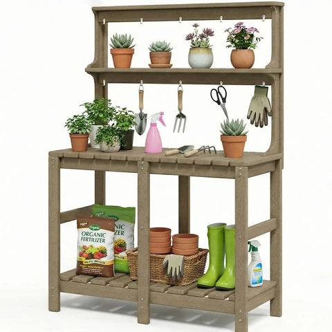 Outdoor Potting Bench With Three Tier All Weather Construction And Tool Hooks Built For Busy Green Thumbs For Backyard Or Garden