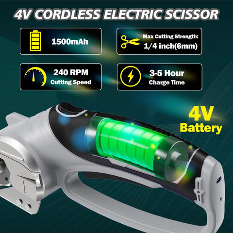 Super Lightweight Cordless Electric Scissors With 4V Battery And LED Light showing battery level and cutting strength info.