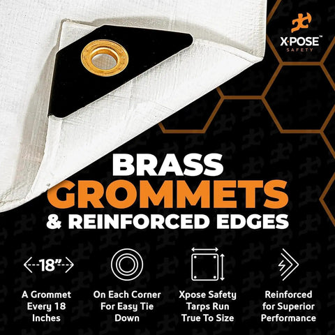 Close-up of Heavy Duty White Poly Tarp 7' X 20' with brass grommets and reinforced edges, showcasing durability features.
