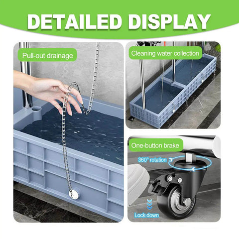 Mobile Broom And Mop Holder Freestanding Cleaning Cart Organizer with pull-out drainage, water collection tray, and locking wheels.