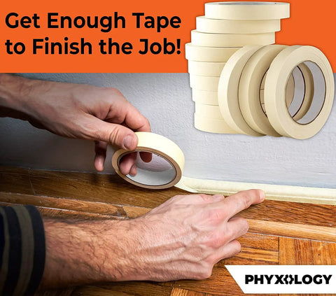 Hands applying Pro Grade 3/4 Inch Masking Tape, 60 Yard Rolls, 12 Pack, 720 Total Yards, Easy Tear Adhesive for painting edges.