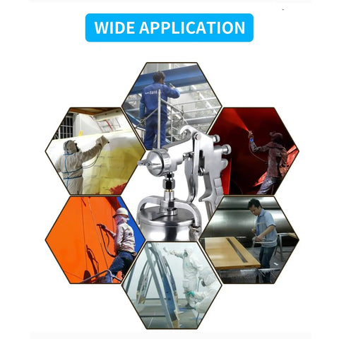 Suction Type Paint Spray Gun With 2.0mm Nozzle, Handheld Pneumatic Sprayer, shown with various application examples