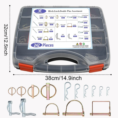 Heavy Duty Hitch Pins And Clips Kit With R Clips, Cotter Pins, Lynch Pins And PTO Pins For Tractor, Trailer, Truck, Lawn Mower And Farm Equipment, 242 Piece Assortment For 3 Point Hitch Accessories shown with dimensions and components in a storage case.