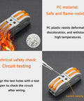 Super Easy Push In Lever Wire Connectors 10 Pack showcasing flame-resistant PC material and technical circuit testing features.