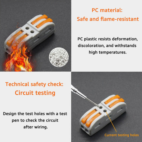 Super Easy Push In Lever Wire Connectors 10 Pack showcasing flame-resistant PC material and technical circuit testing features.
