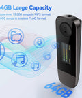 64GB Bluetooth MP3 Player With Type C USB 2 In 1 Plug And Play displaying storage capacity text and colorful music icons