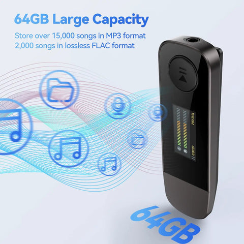 64GB Bluetooth MP3 Player With Type C USB 2 In 1 Plug And Play displaying storage capacity text and colorful music icons