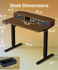 Spacious 40 X 24 Electric Standing Desk With Two Drawers And Hooks dimensions showing adjustable height and drawer sizes